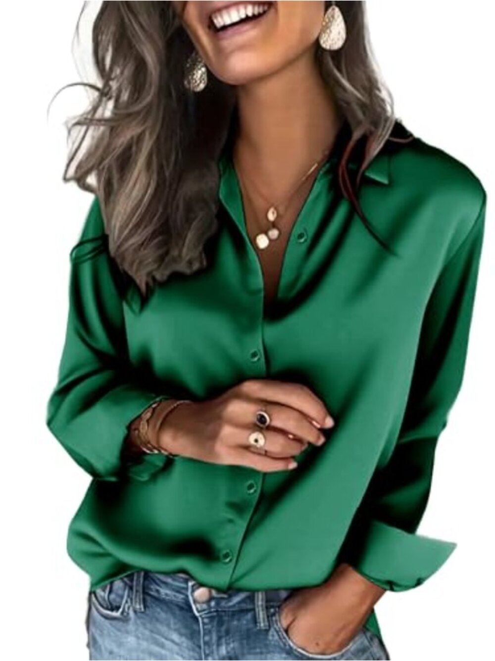 Satin Button Down Shirt Long Sleeve V-Neck Business Casual Blouse